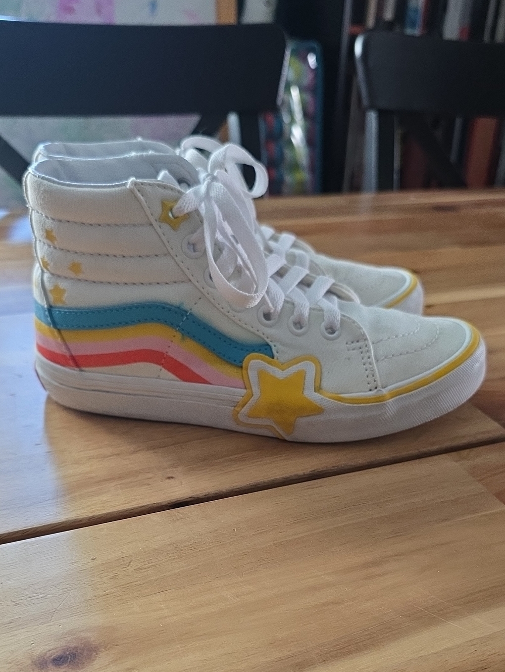 Vans Kids White High-Top Sneakers with Rainbow Stripes & Yellow Star